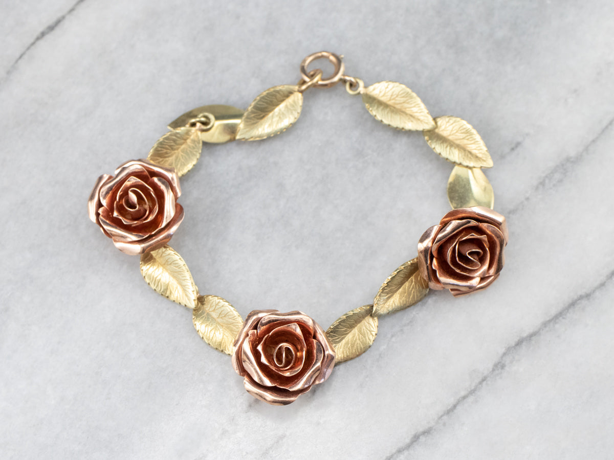 Two Tone Gold Retro Era Rose Link Bracelet