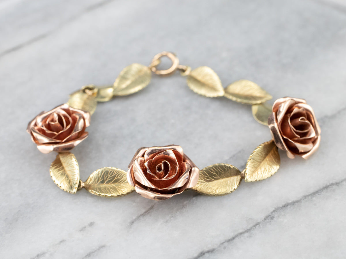 Two Tone Gold Retro Era Rose Link Bracelet