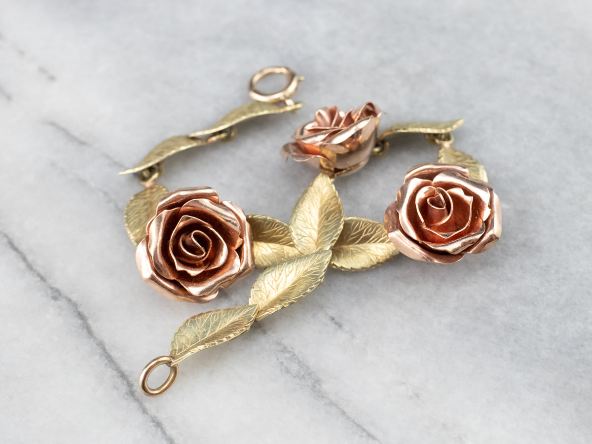 Two Tone Gold Retro Era Rose Link Bracelet