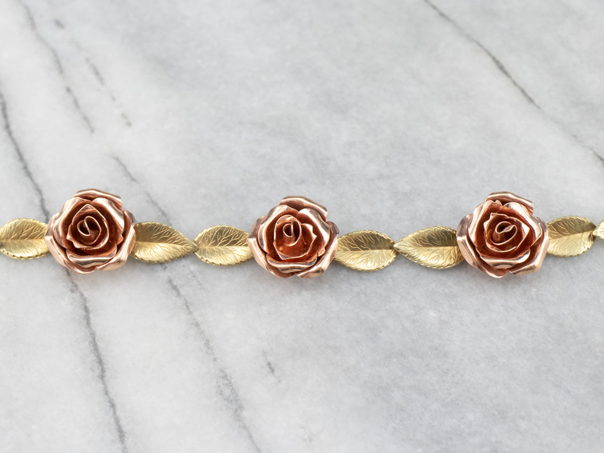 Two Tone Gold Retro Era Rose Link Bracelet