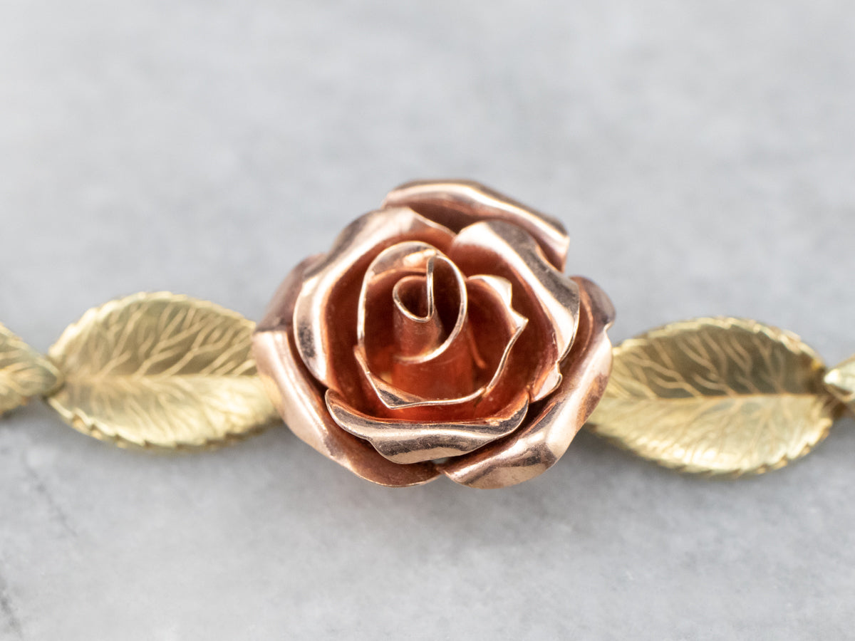 Two Tone Gold Retro Era Rose Link Bracelet
