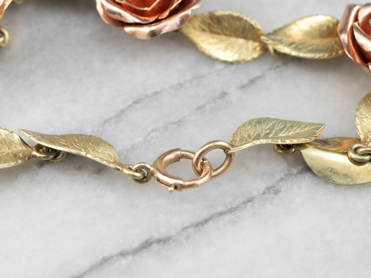 Two Tone Gold Retro Era Rose Link Bracelet