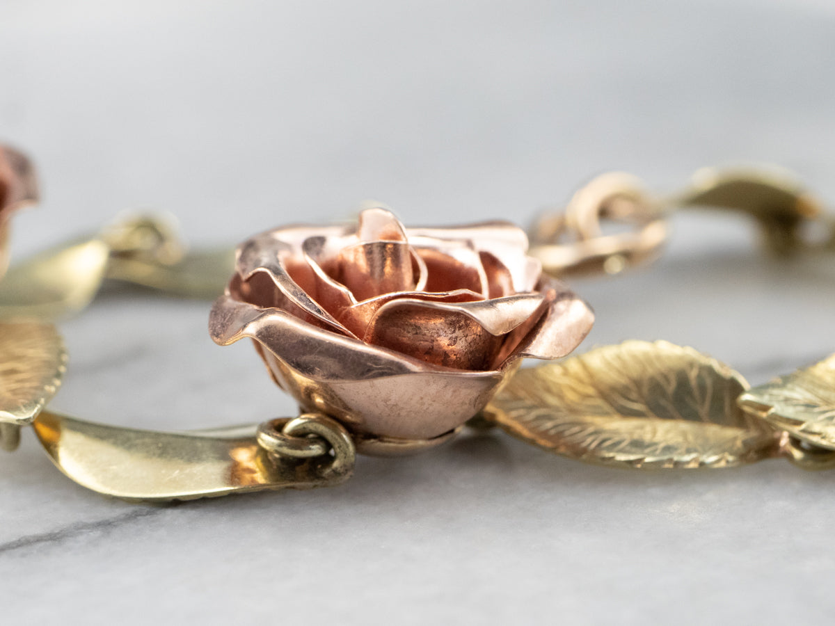 Two Tone Gold Retro Era Rose Link Bracelet