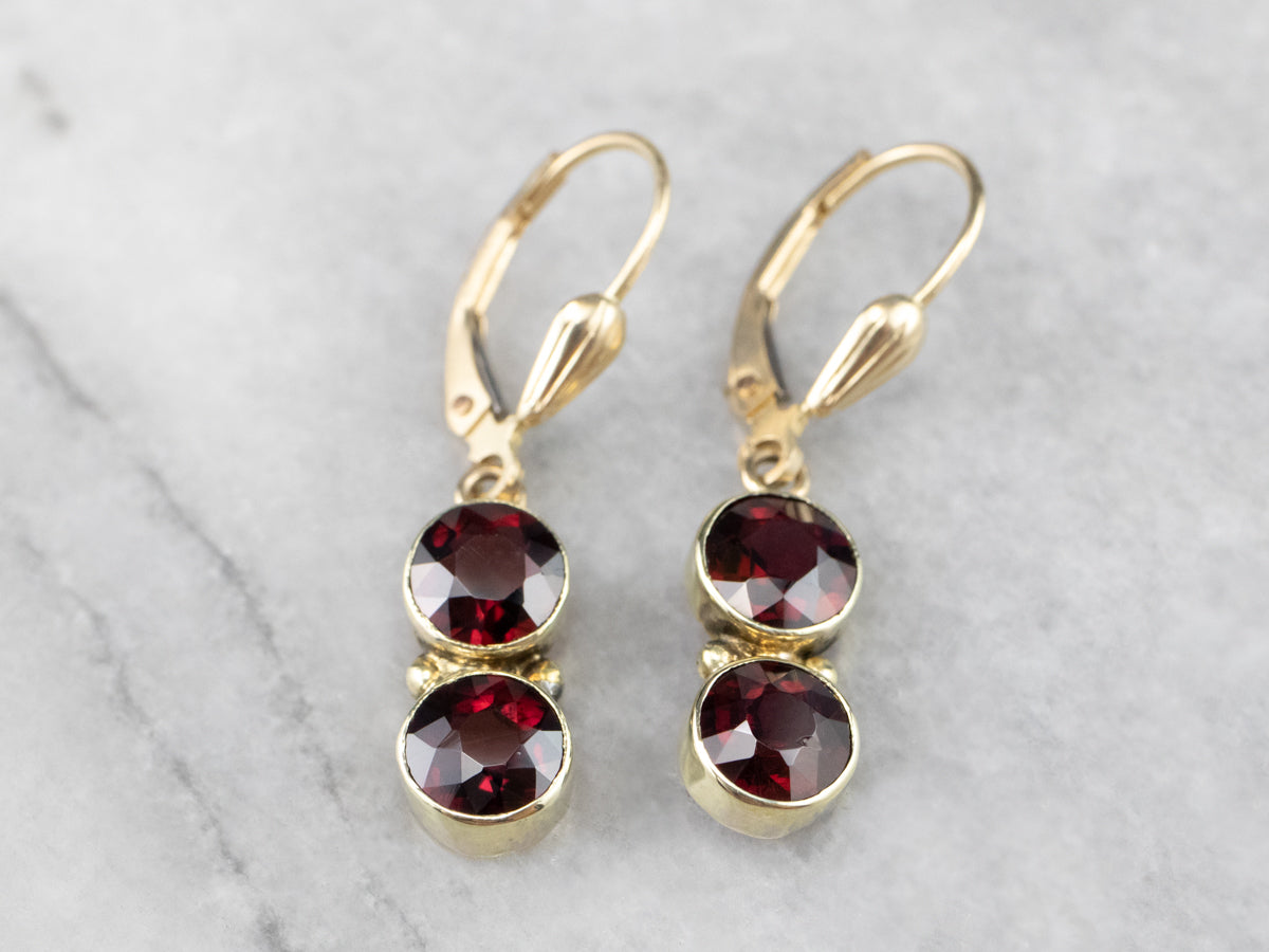 Double Garnet Gold Drop Earrings