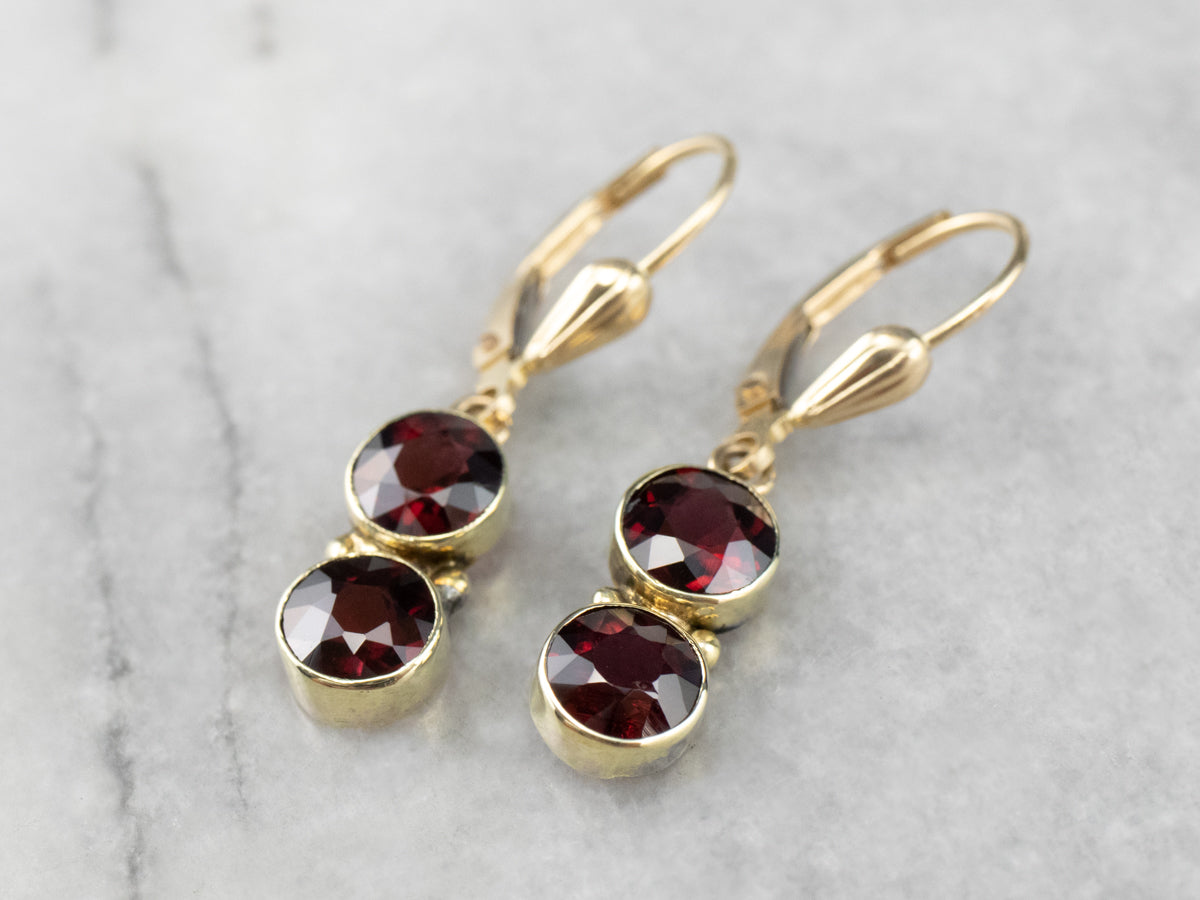 Double Garnet Gold Drop Earrings