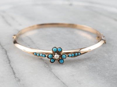 Vintage Turquoise Glass Floral Rose Gold Bangle Bracelet