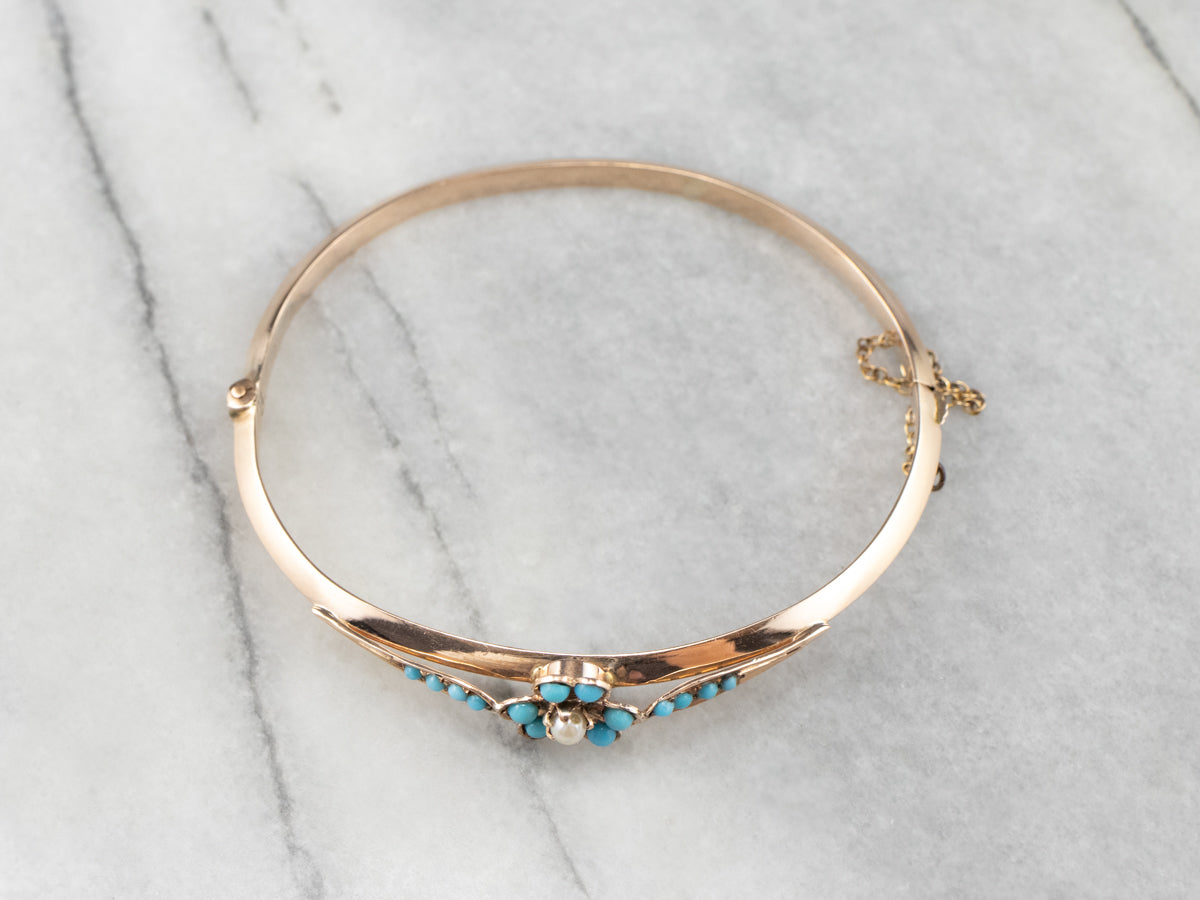 Vintage Turquoise Glass Floral Rose Gold Bangle Bracelet