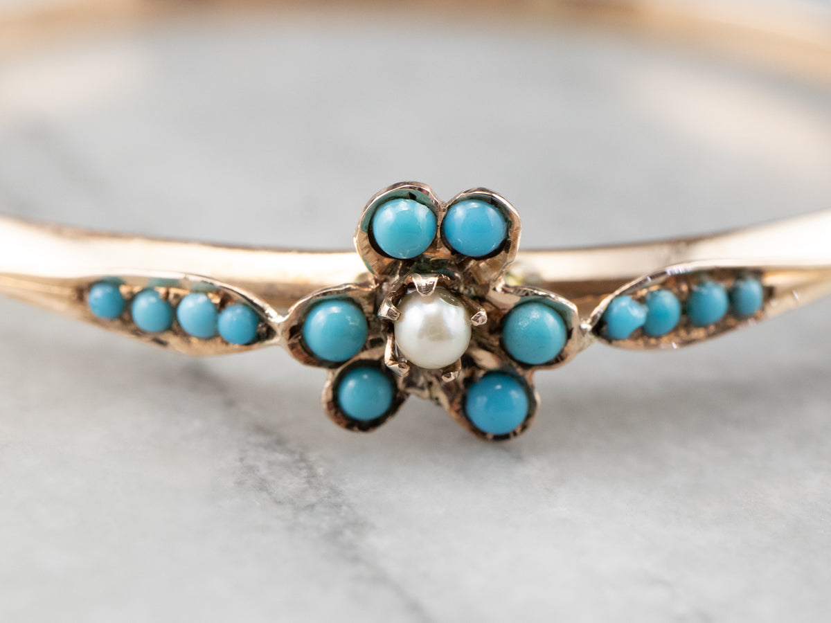 Vintage Turquoise Glass Floral Rose Gold Bangle Bracelet