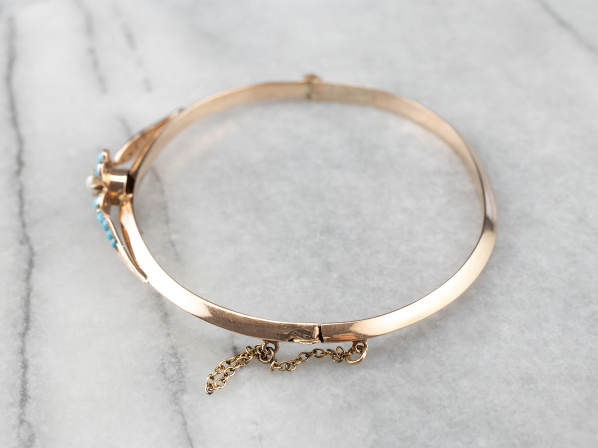 Vintage Turquoise Glass Floral Rose Gold Bangle Bracelet