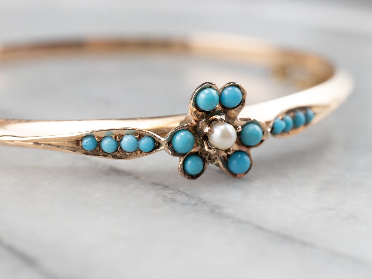 Vintage Turquoise Glass Floral Rose Gold Bangle Bracelet