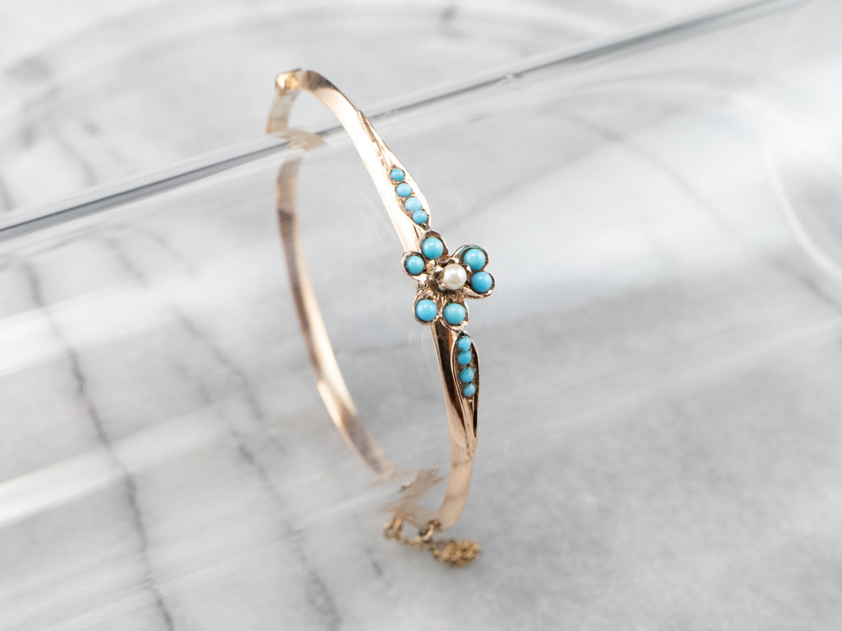 Vintage Turquoise Glass Floral Rose Gold Bangle Bracelet