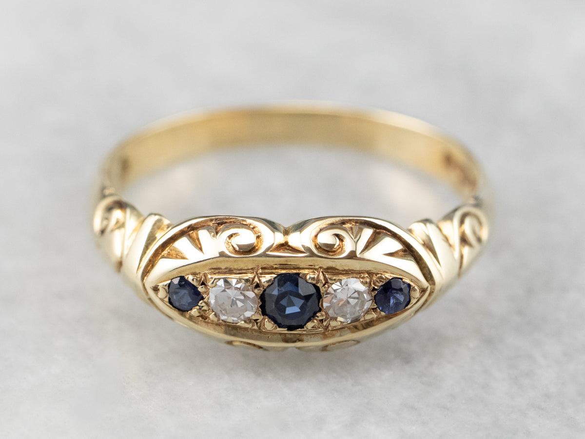 Sapphire Diamond Scrolling Gold Band Ring