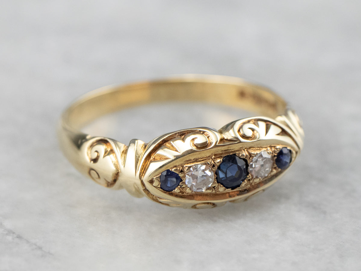 Sapphire Diamond Scrolling Gold Band Ring