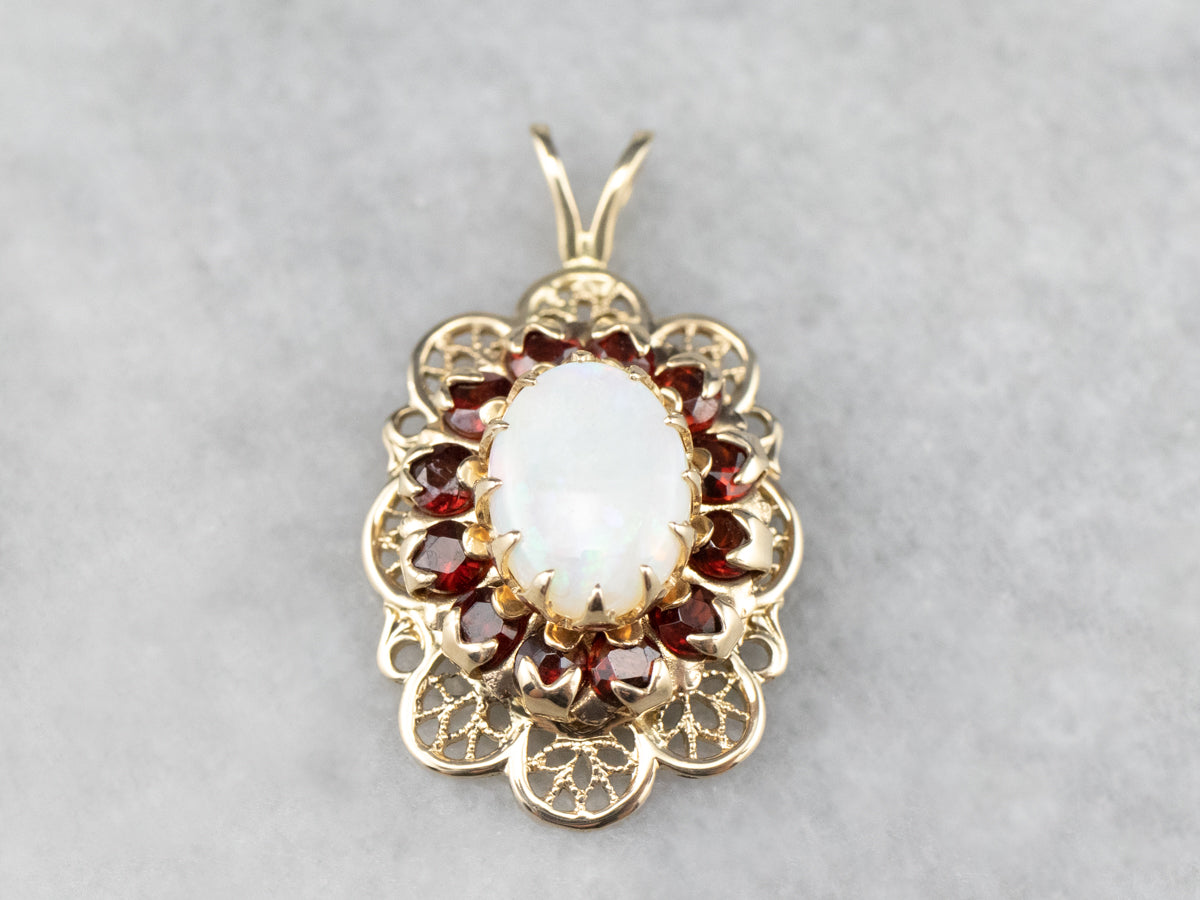 Opal Garnet Halo Gold Filigree Pendant