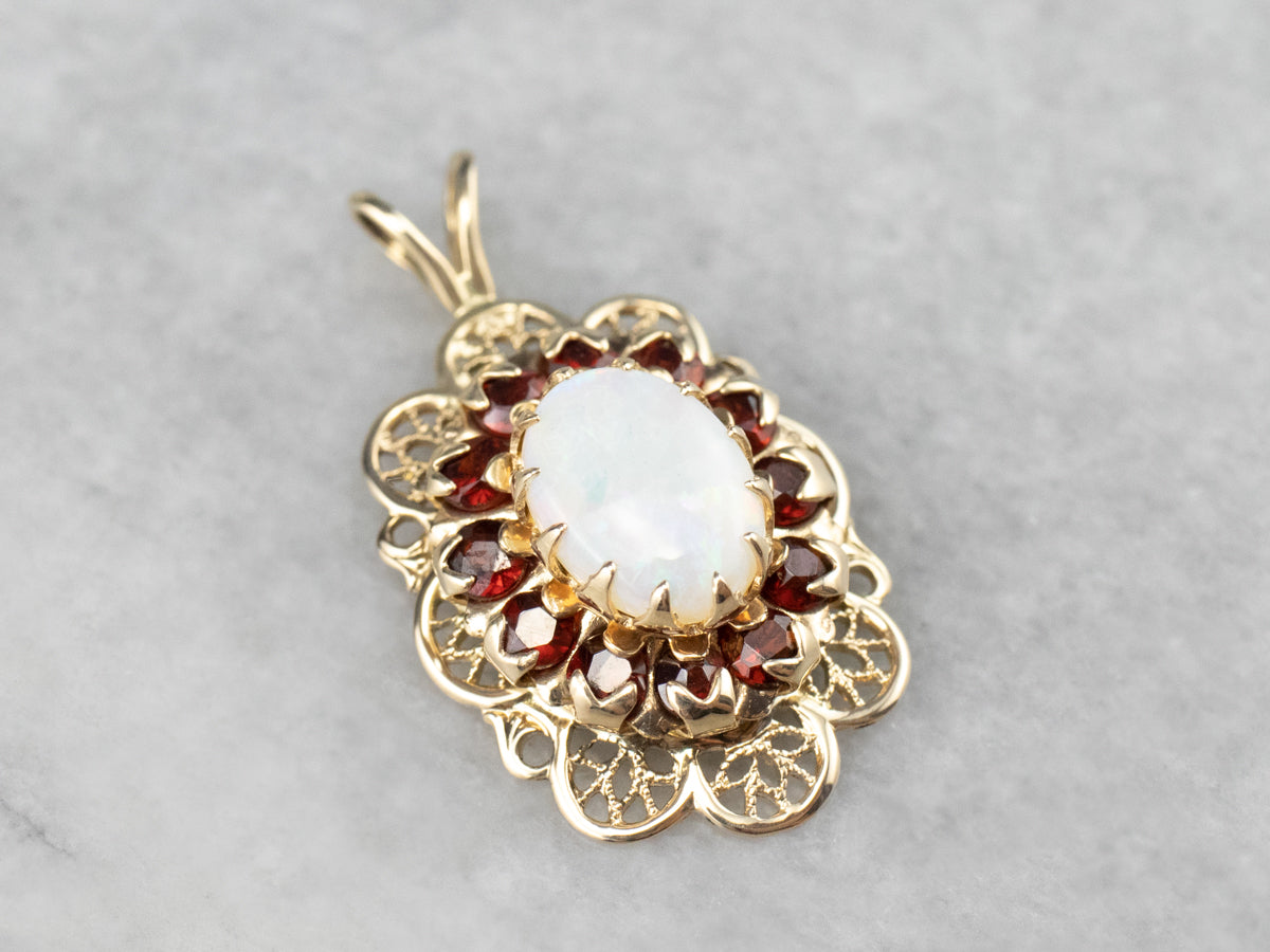 Opal Garnet Halo Gold Filigree Pendant