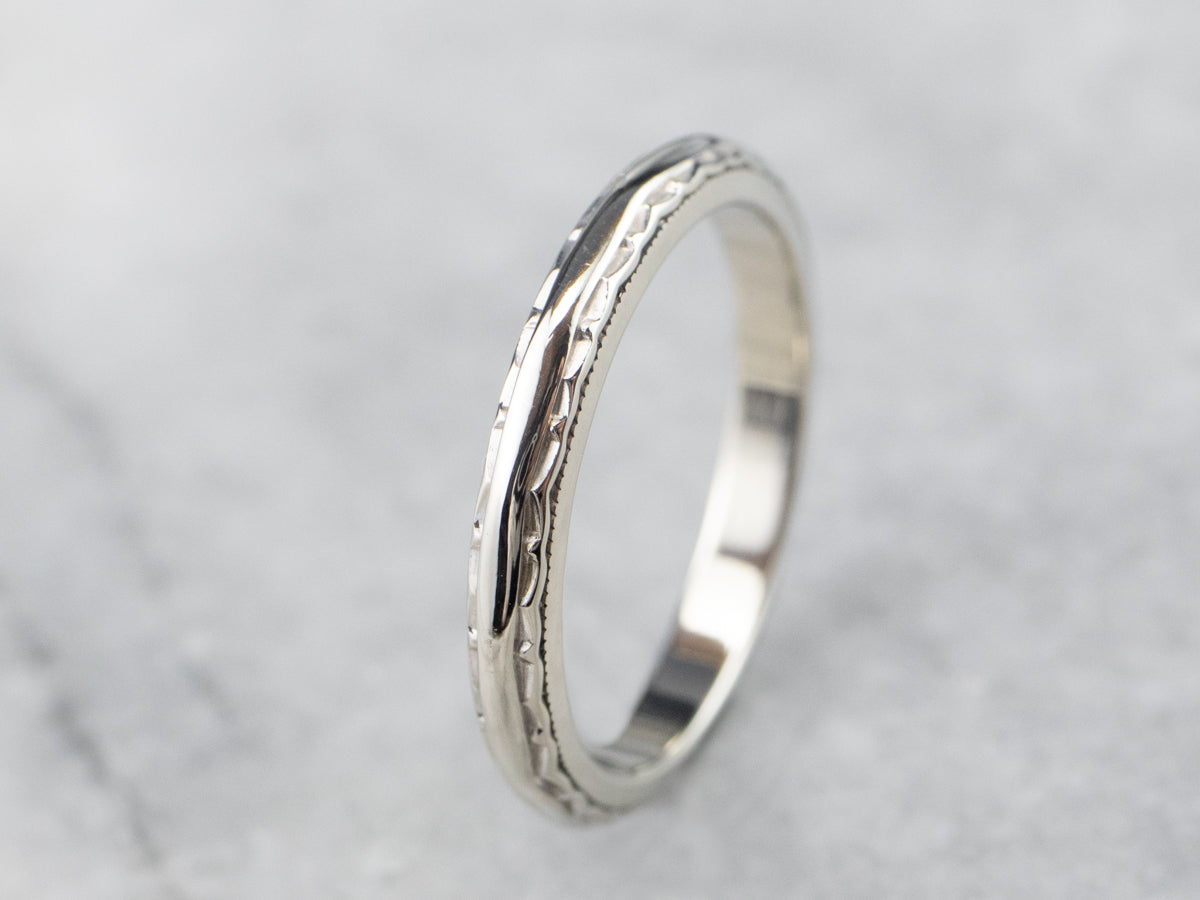 Patterned 14K White Gold Wedding Band