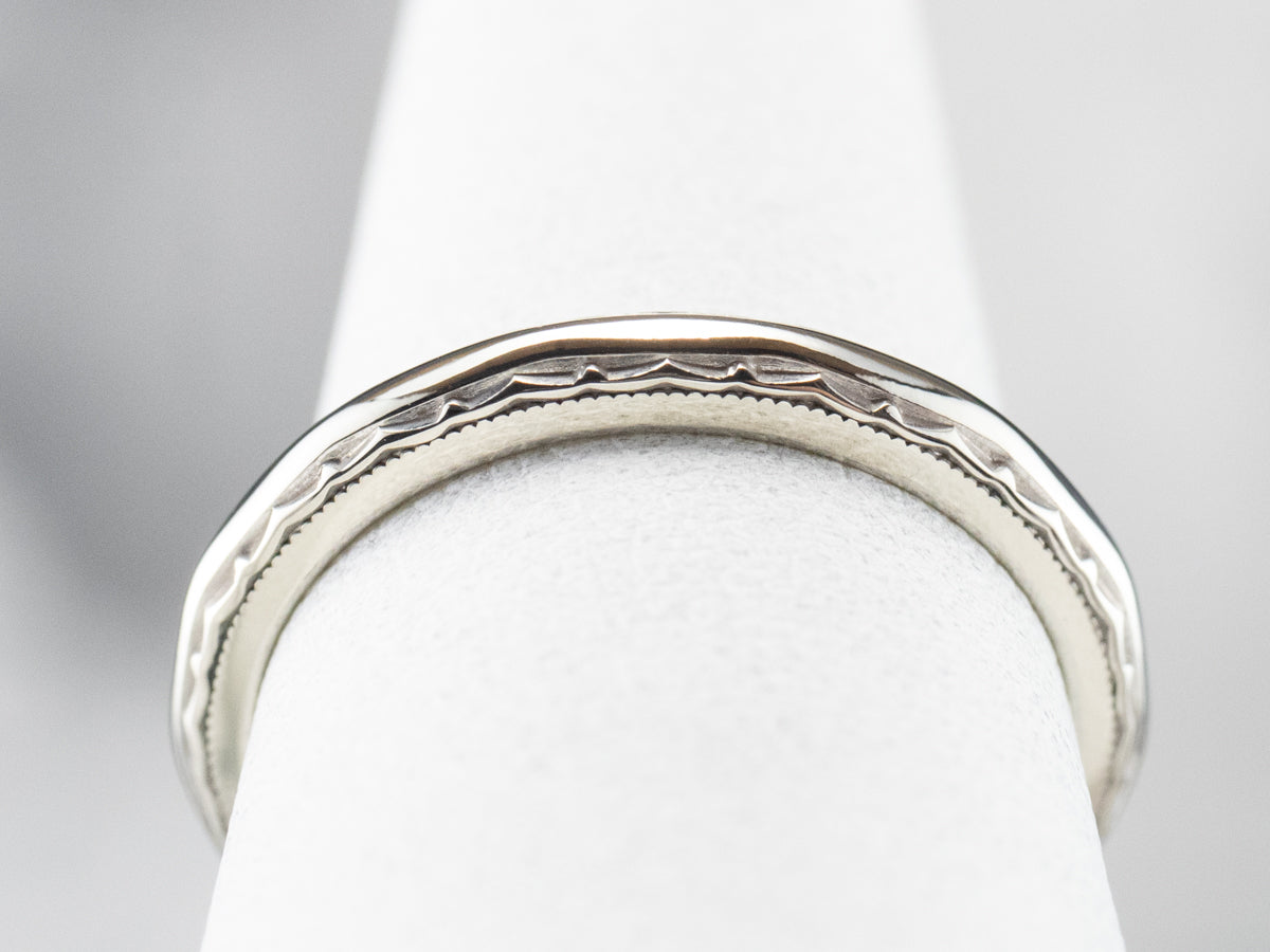 Patterned 14K White Gold Wedding Band