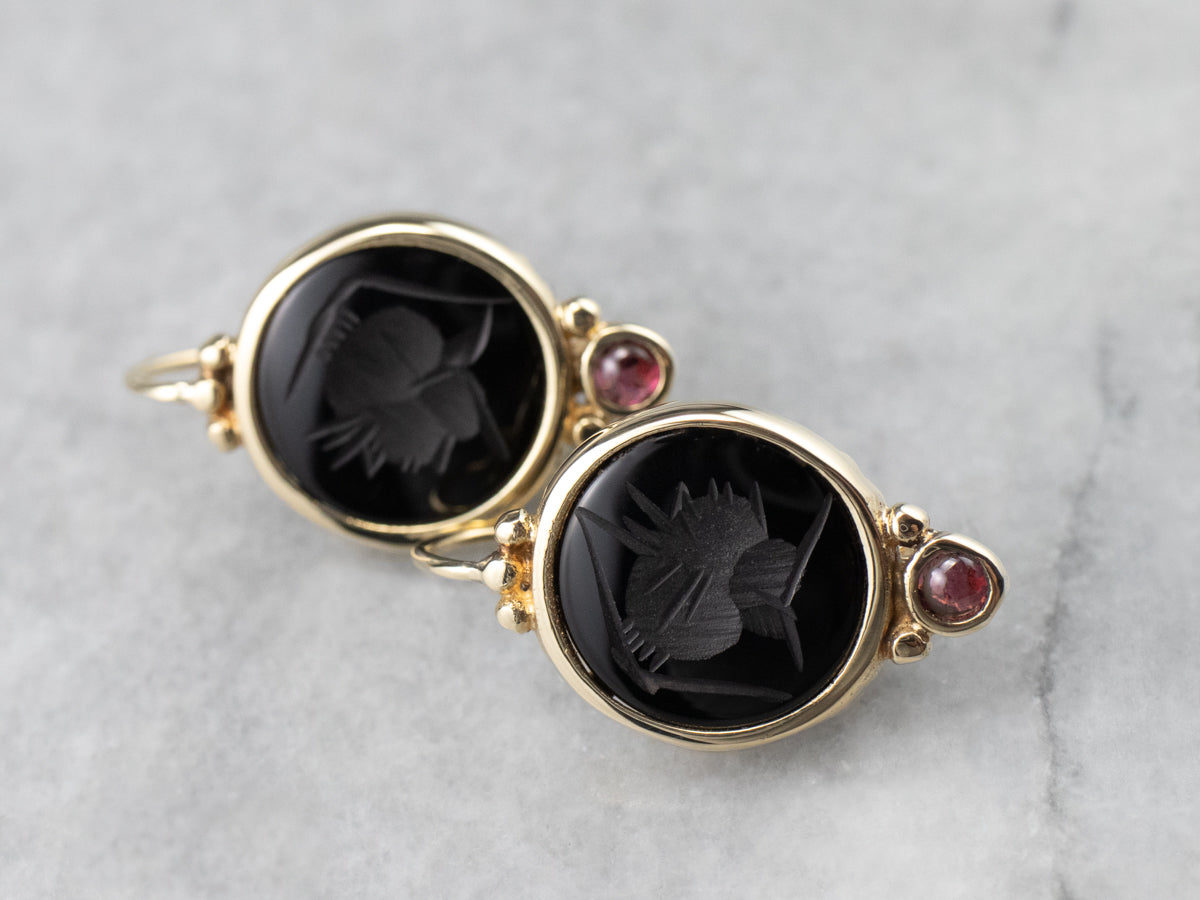 Black Onyx Intaglio and Garnet Drop Earrings