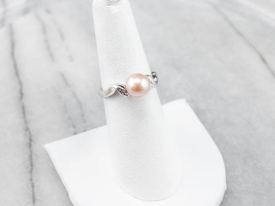 White Gold Pink Pearl and Diamond Ring
