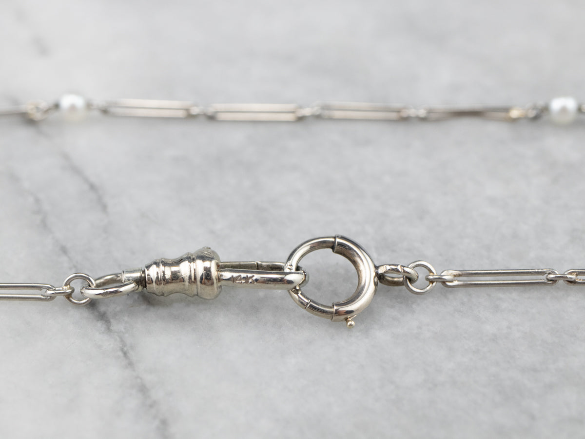 Vintage Pearl White Gold Bar Link Watch Chain