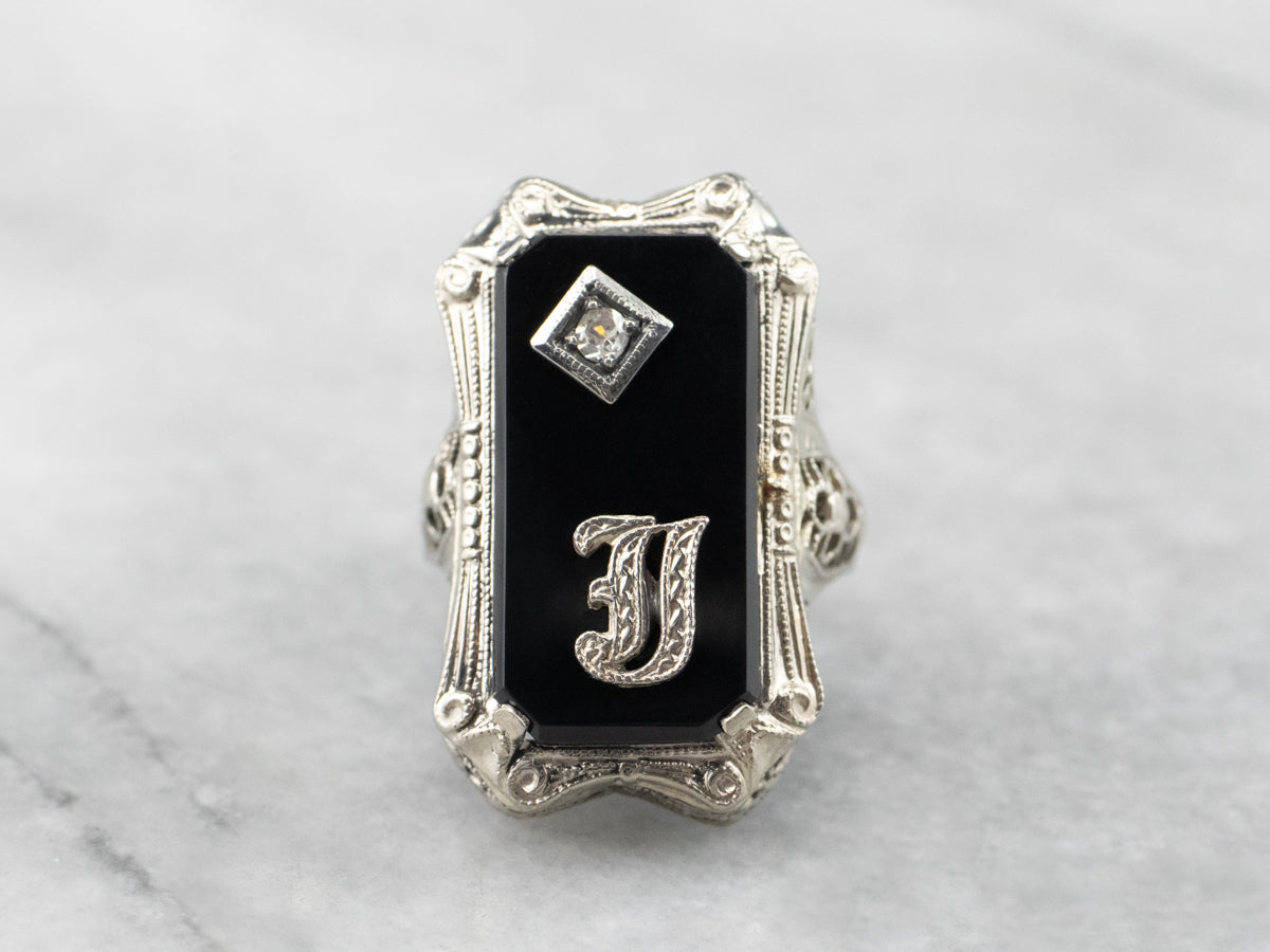 Deco Black Onyx and Diamond "J" Initial Ring