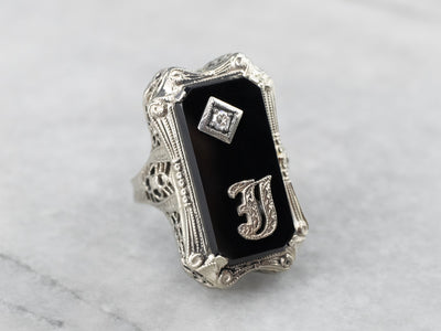Deco Black Onyx and Diamond "J" Initial Ring