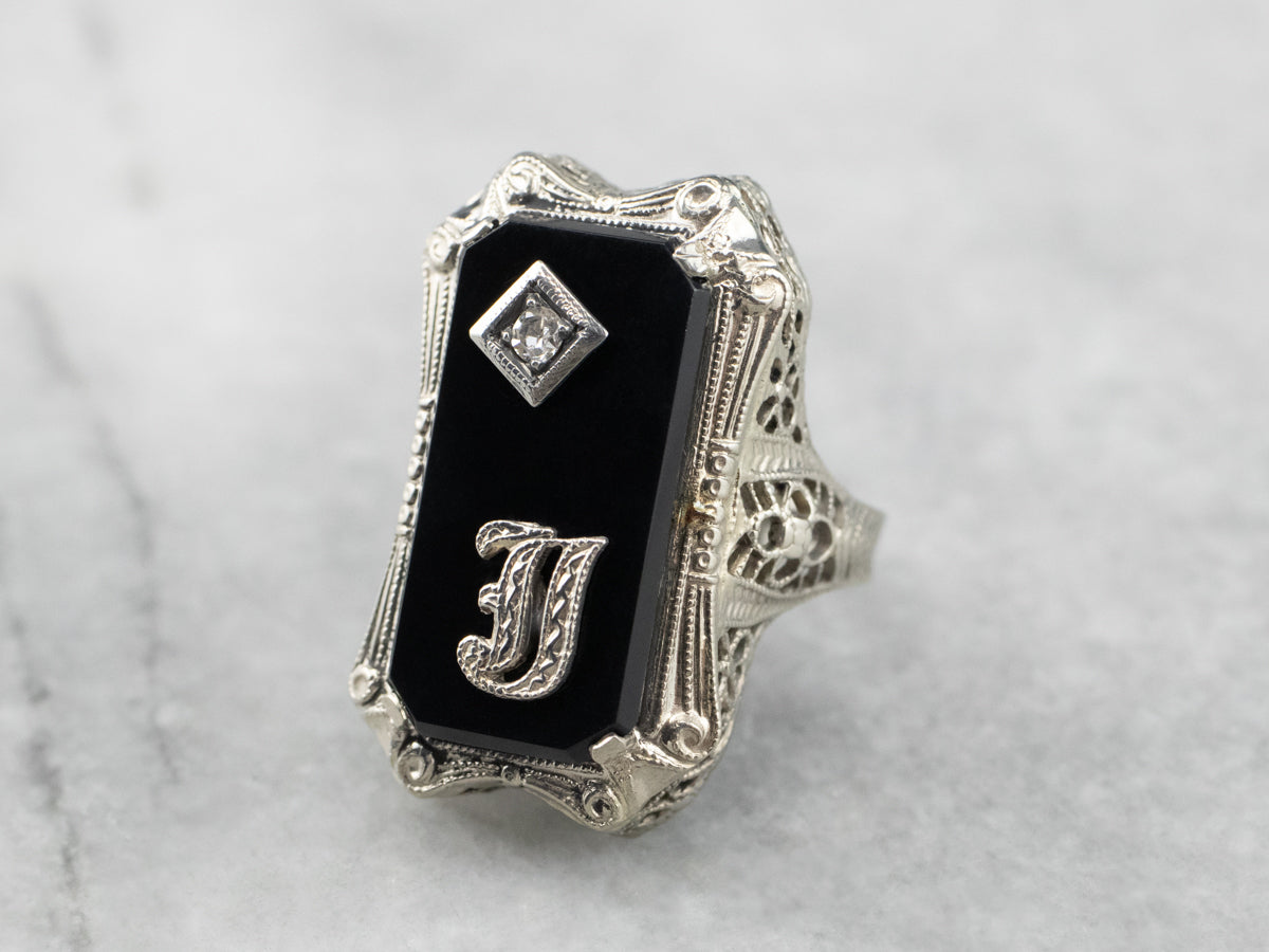 Deco Black Onyx and Diamond "J" Initial Ring
