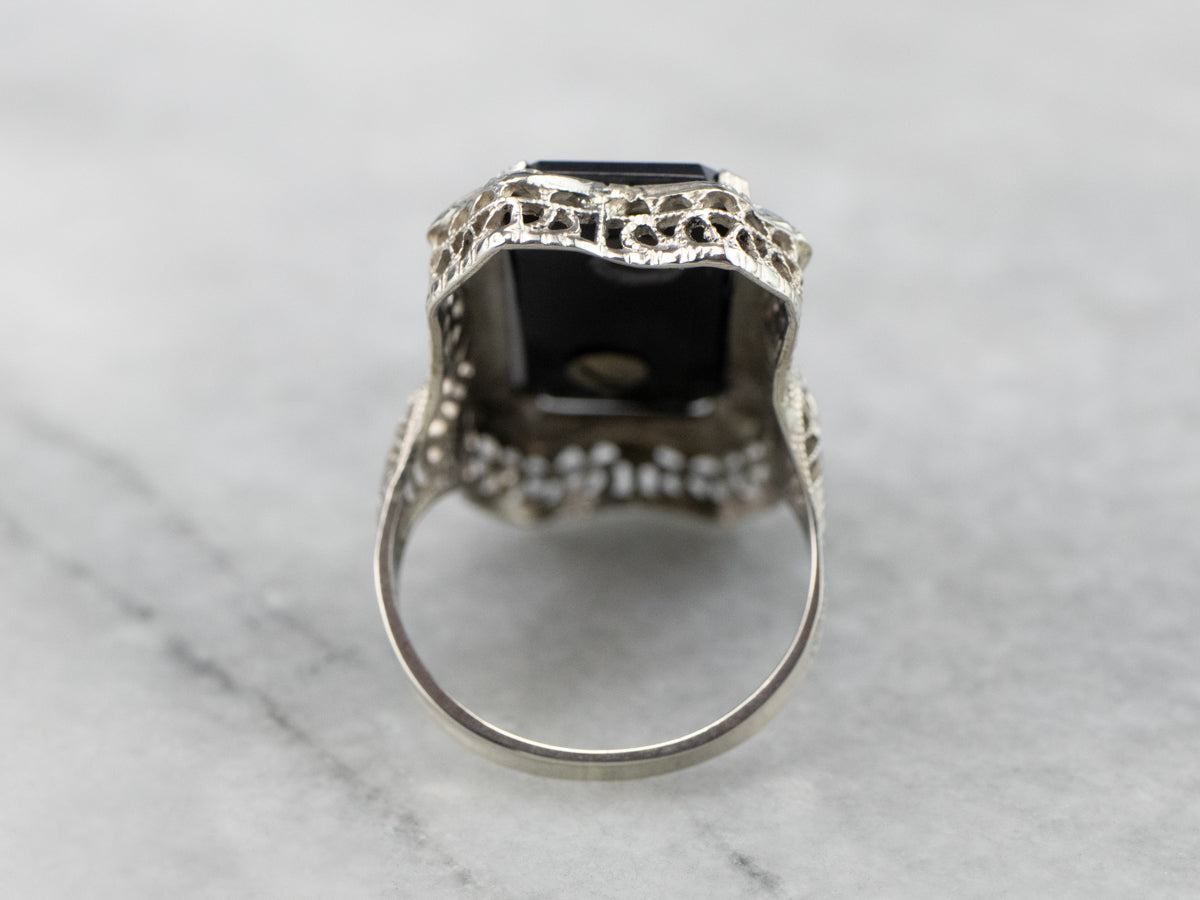 Deco Black Onyx and Diamond "J" Initial Ring
