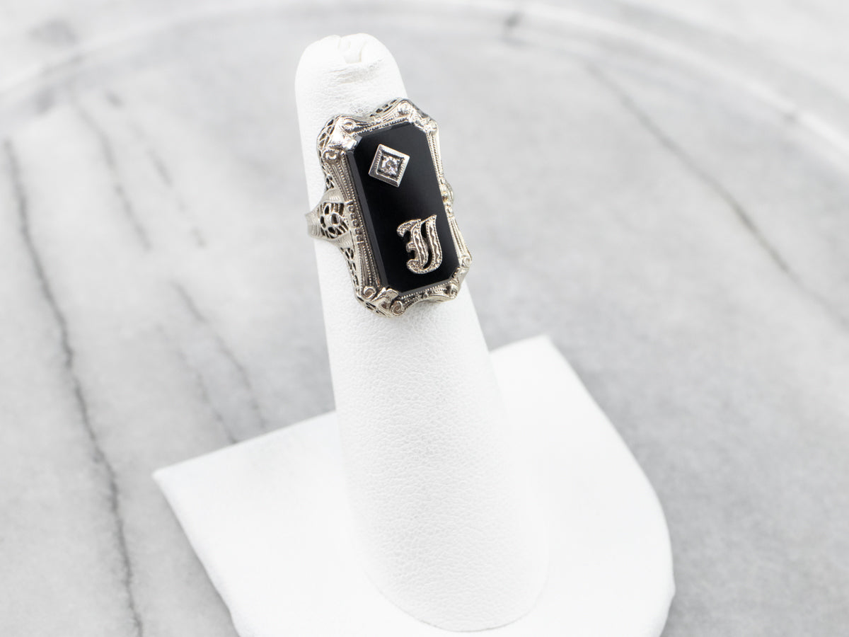 Deco Black Onyx and Diamond "J" Initial Ring