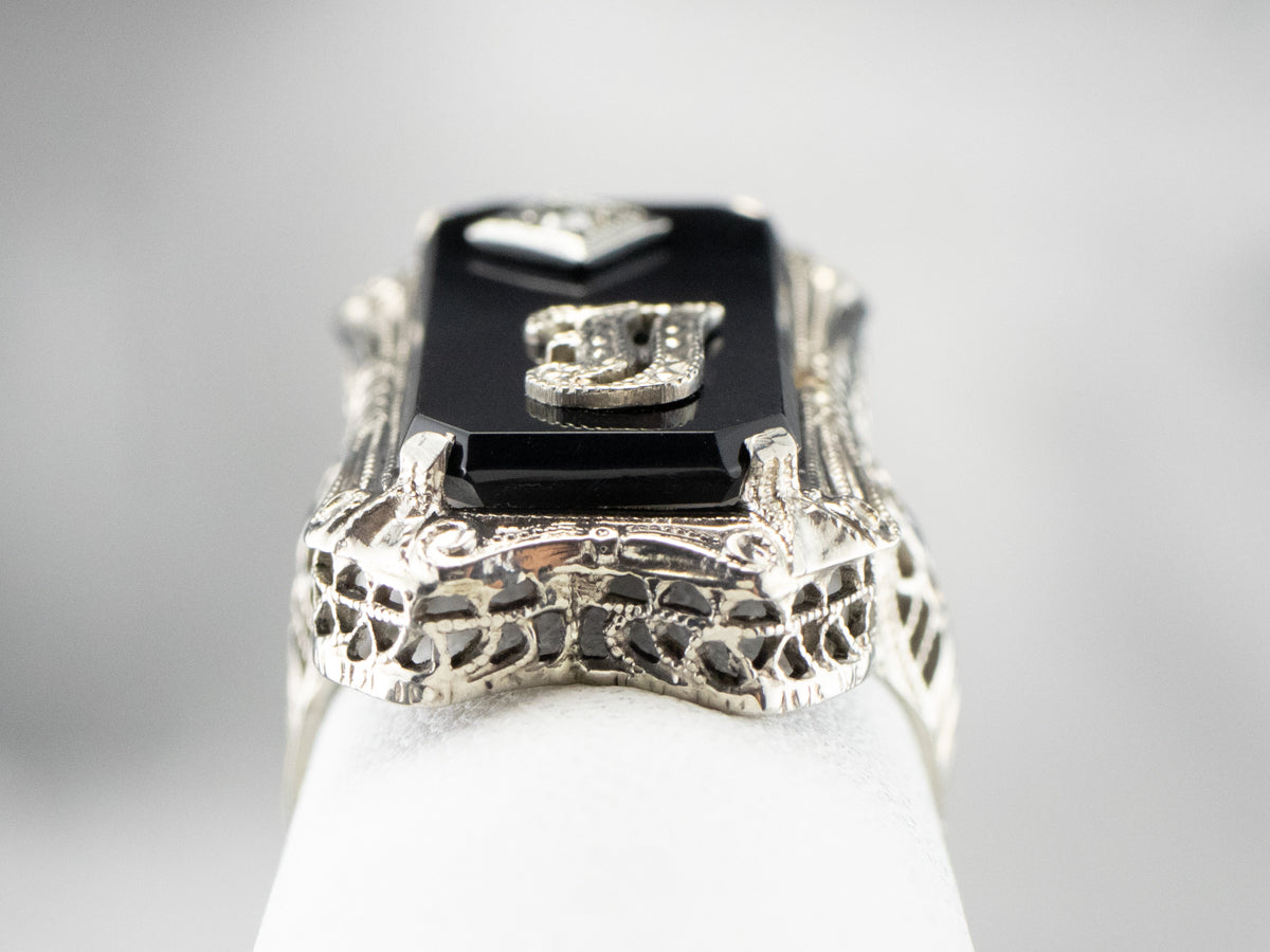Deco Black Onyx and Diamond "J" Initial Ring