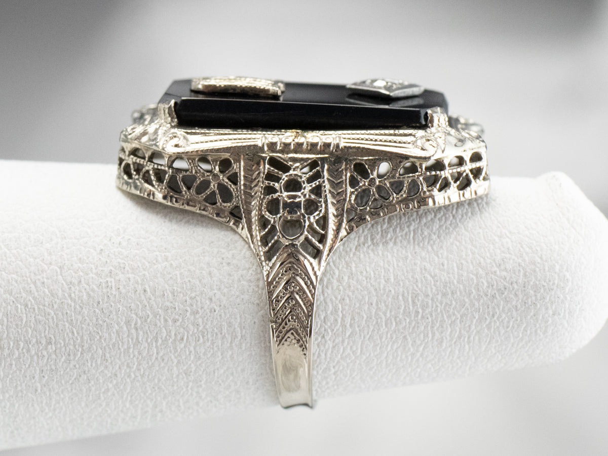 Deco Black Onyx and Diamond "J" Initial Ring