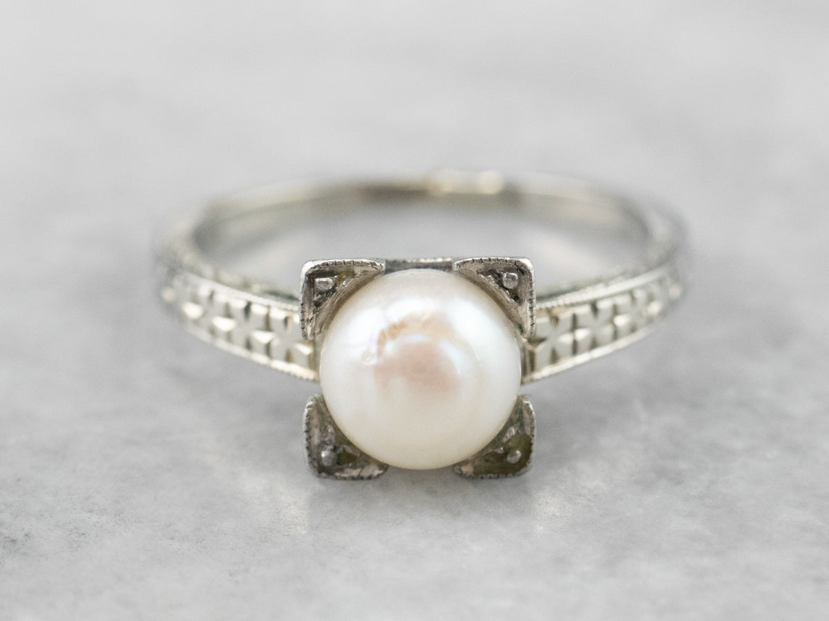 Art Deco Pearl White Gold Solitaire Ring