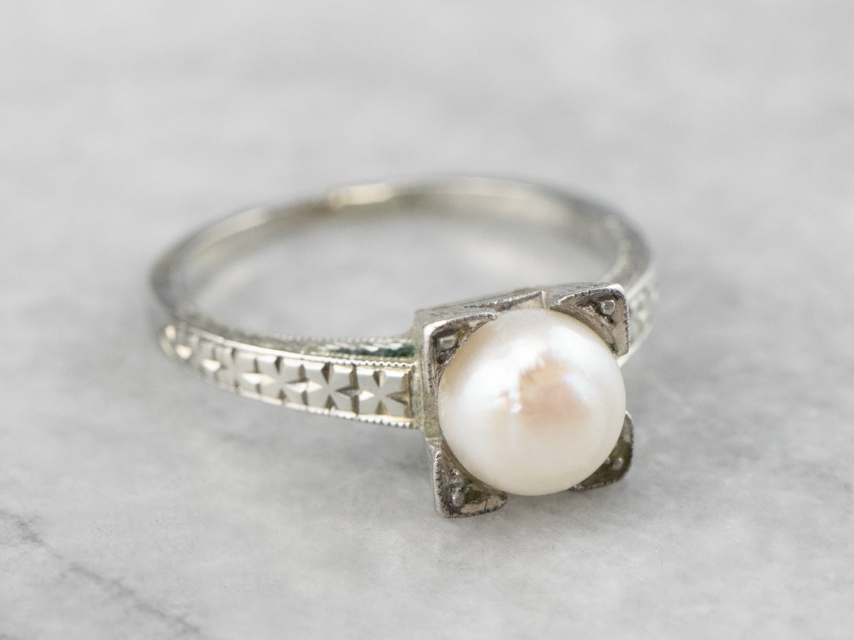 Art Deco Pearl White Gold Solitaire Ring