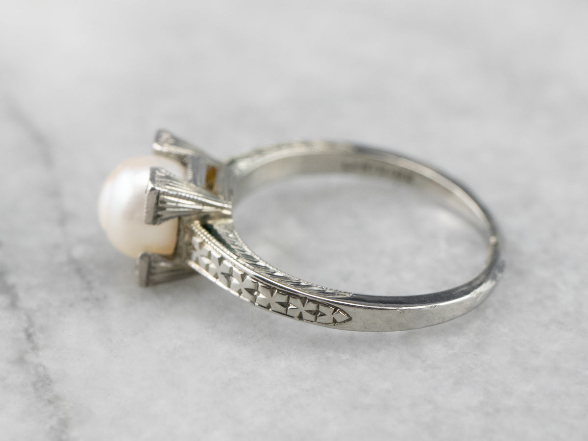 Art Deco Pearl White Gold Solitaire Ring