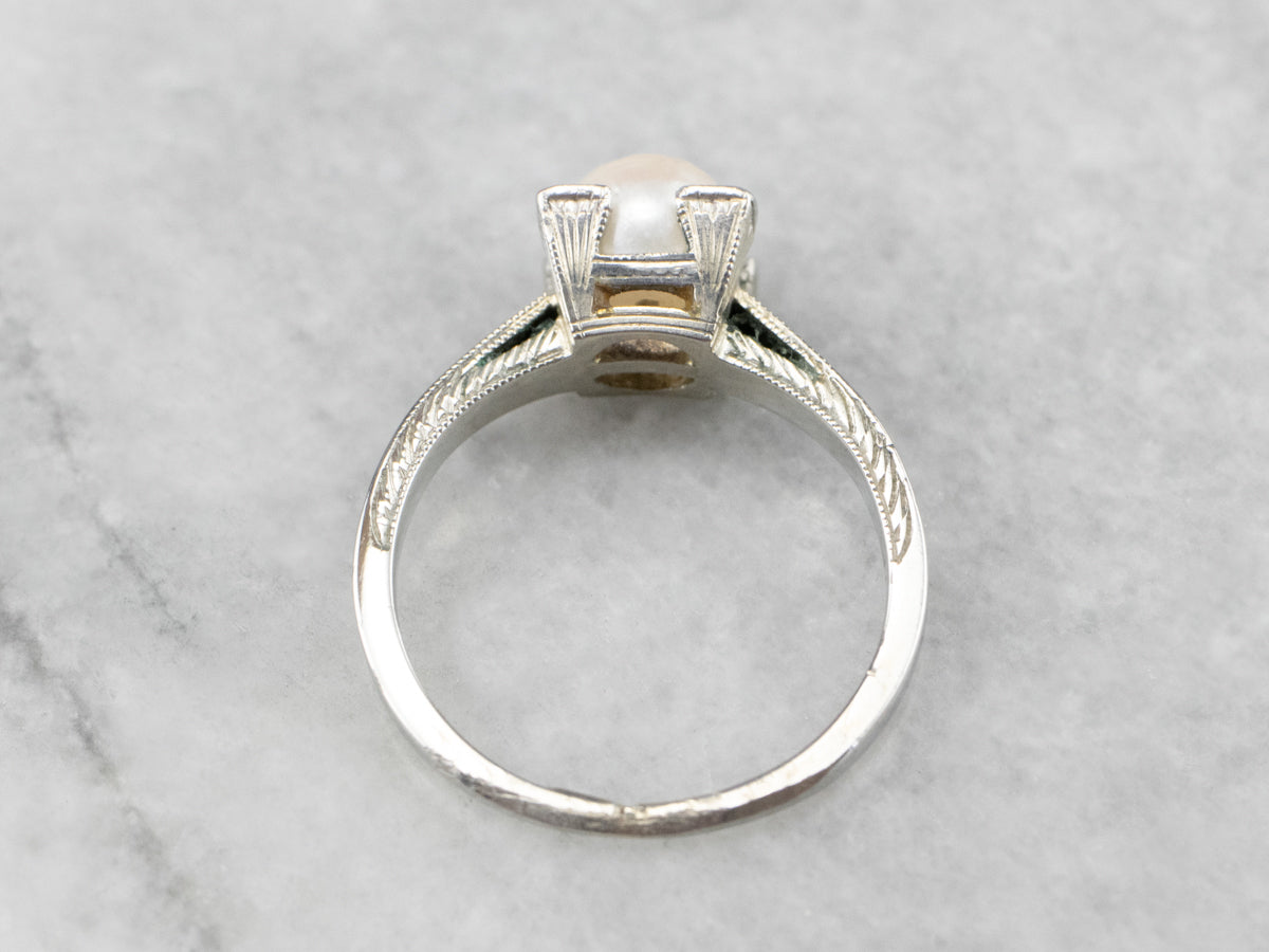 Art Deco Pearl White Gold Solitaire Ring