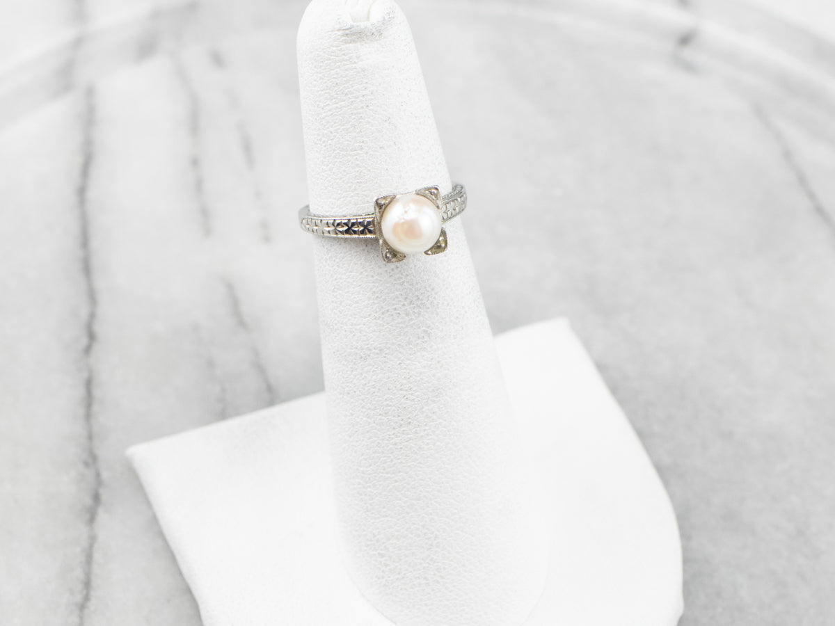 Art Deco Pearl White Gold Solitaire Ring