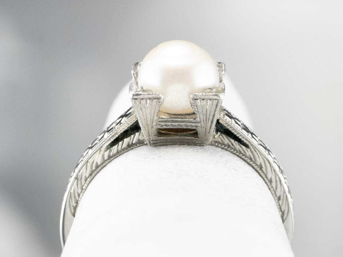 Art Deco Pearl White Gold Solitaire Ring