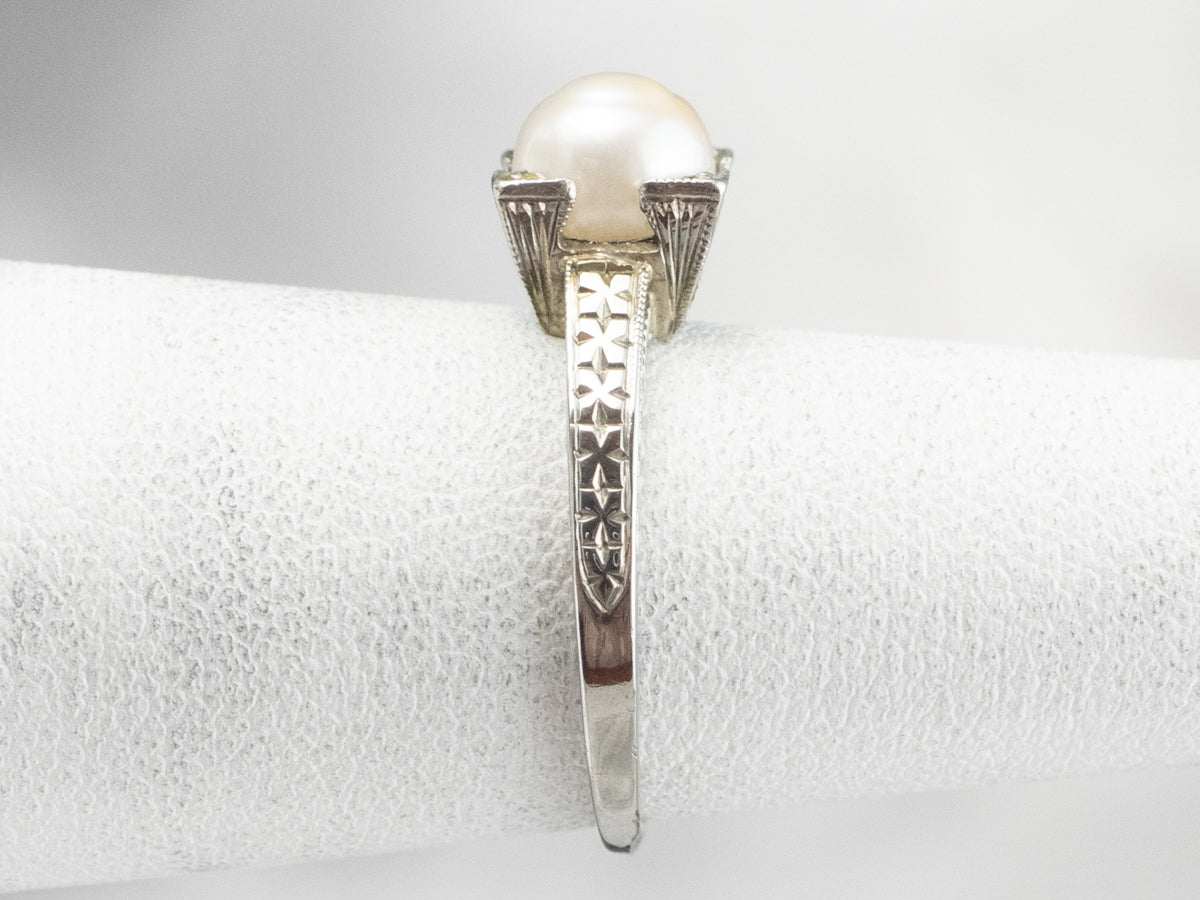 Art Deco Pearl White Gold Solitaire Ring