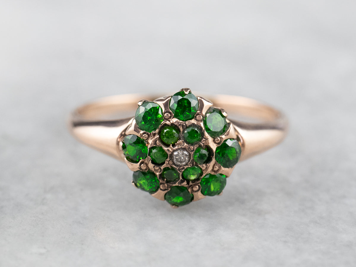 Antique Diamond and Demantoid Garnet Halo Ring