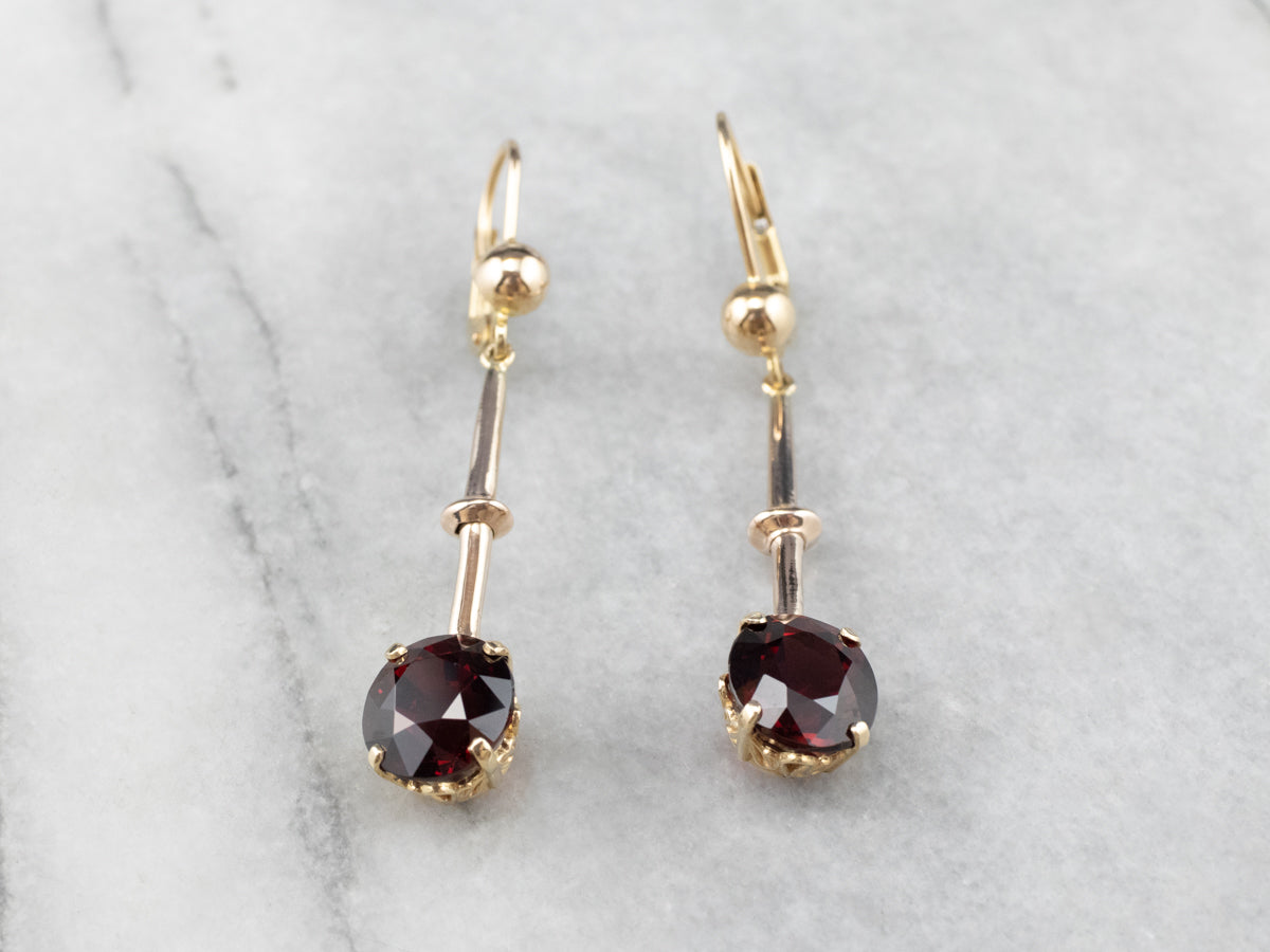 Garnet Gold Bar Drop Earrings
