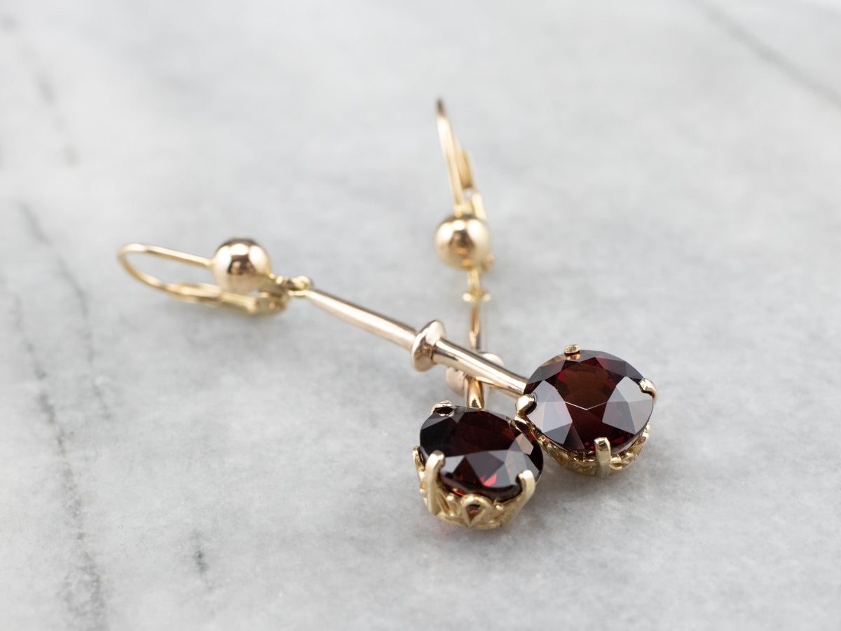 Garnet Gold Bar Drop Earrings
