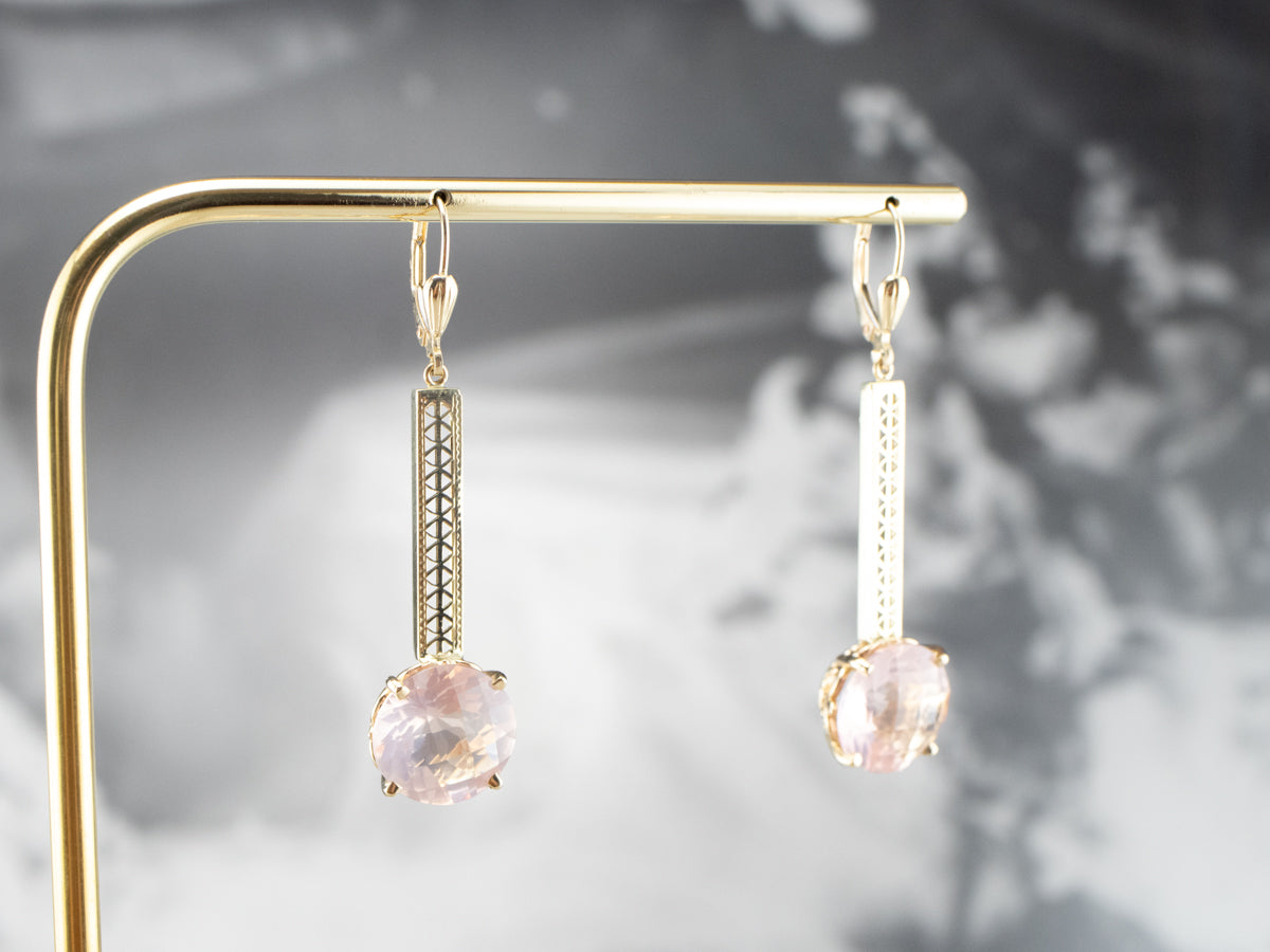 Rose Quartz Gold Filigree Bar Drop Earrings