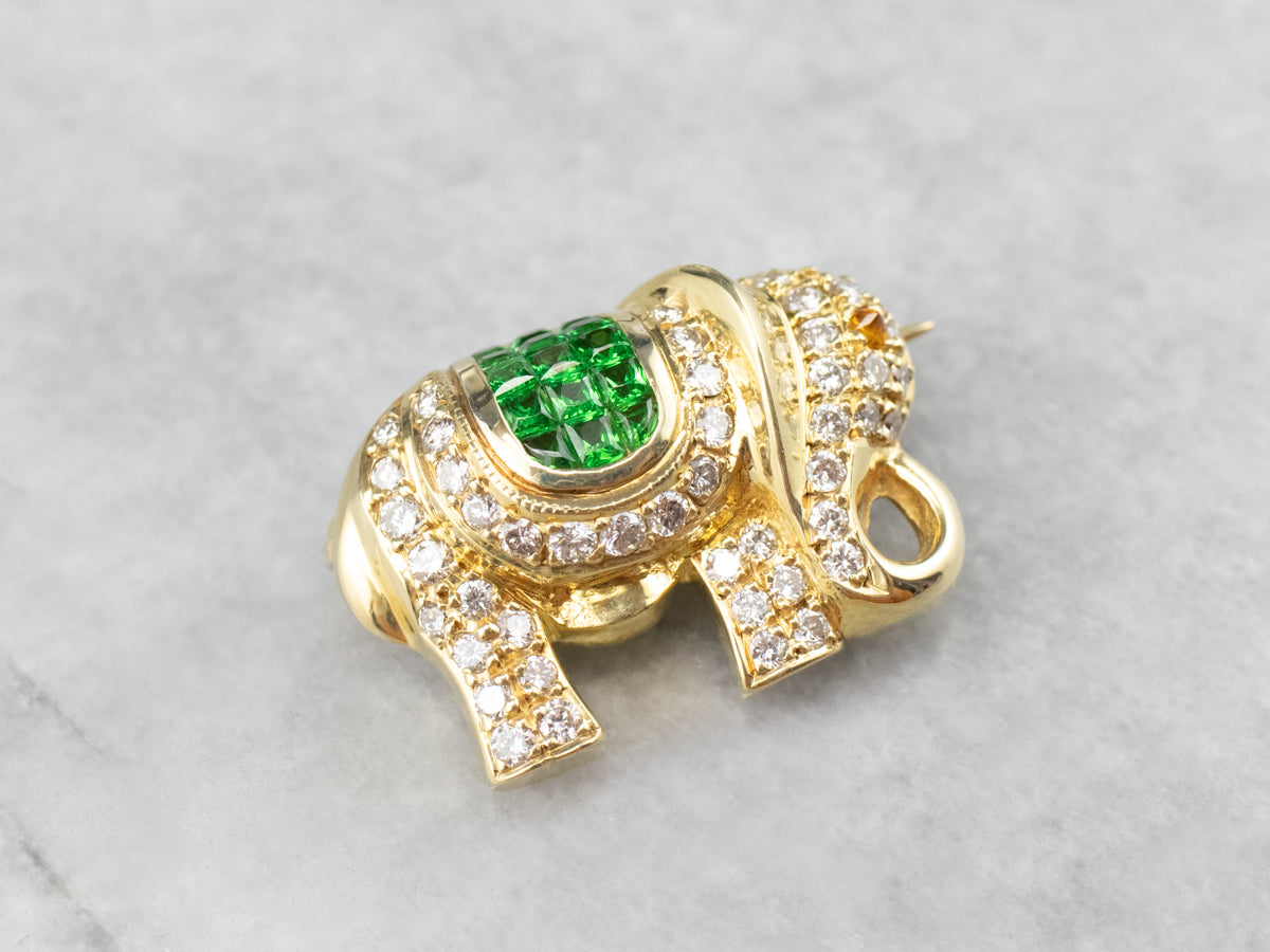 Diamond Tsavorite Garnet Gold Elephant Brooch