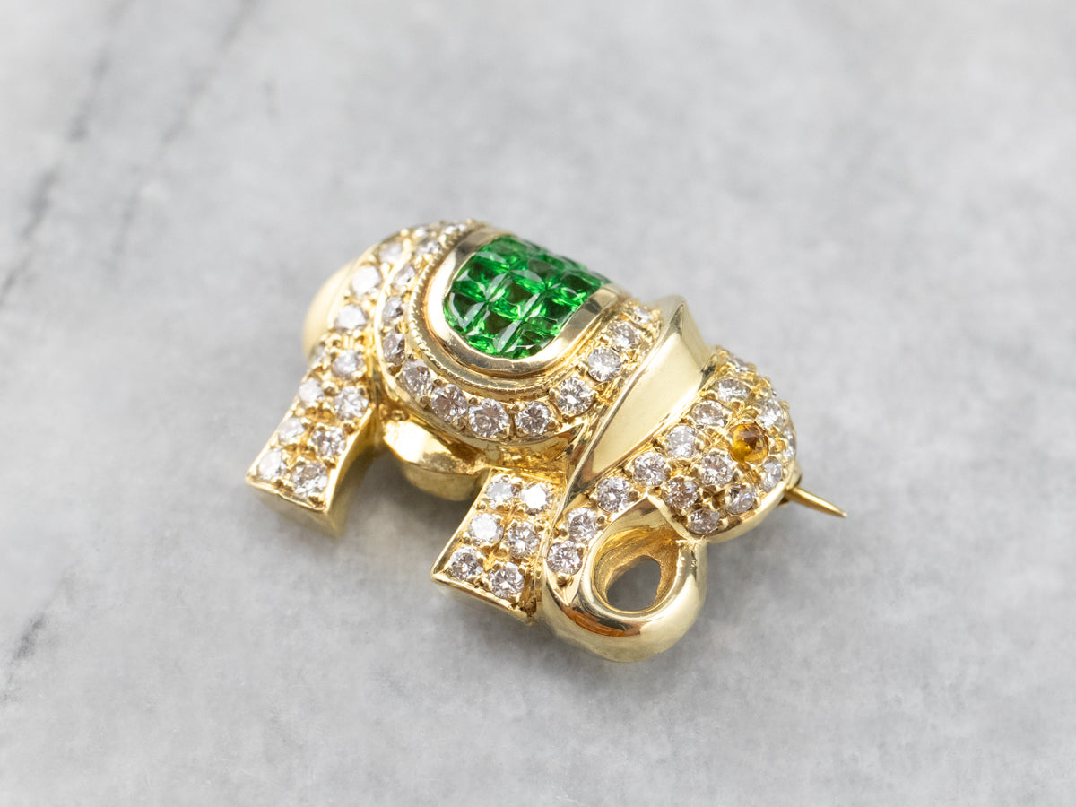 Diamond Tsavorite Garnet Gold Elephant Brooch