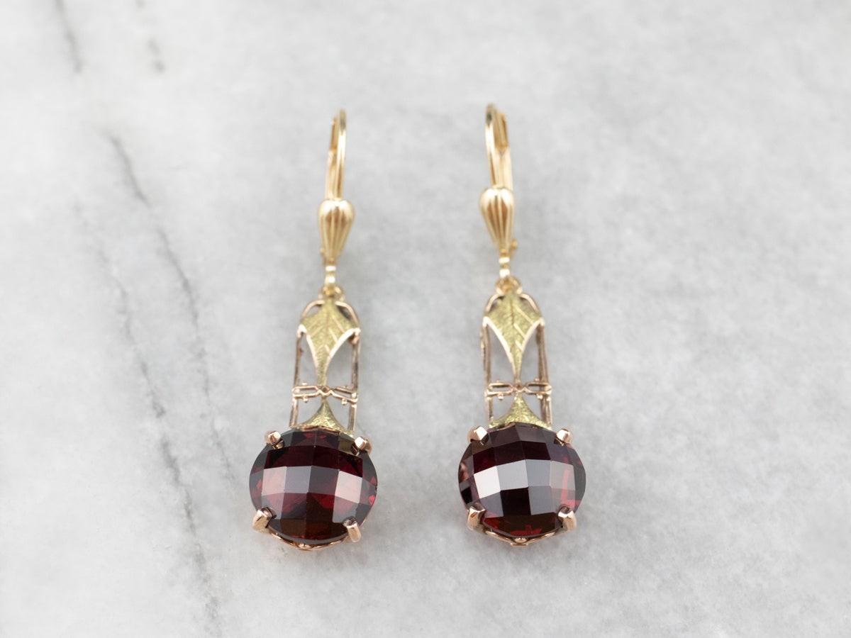 Garnet Gold Filigree Bar Drop Earrings