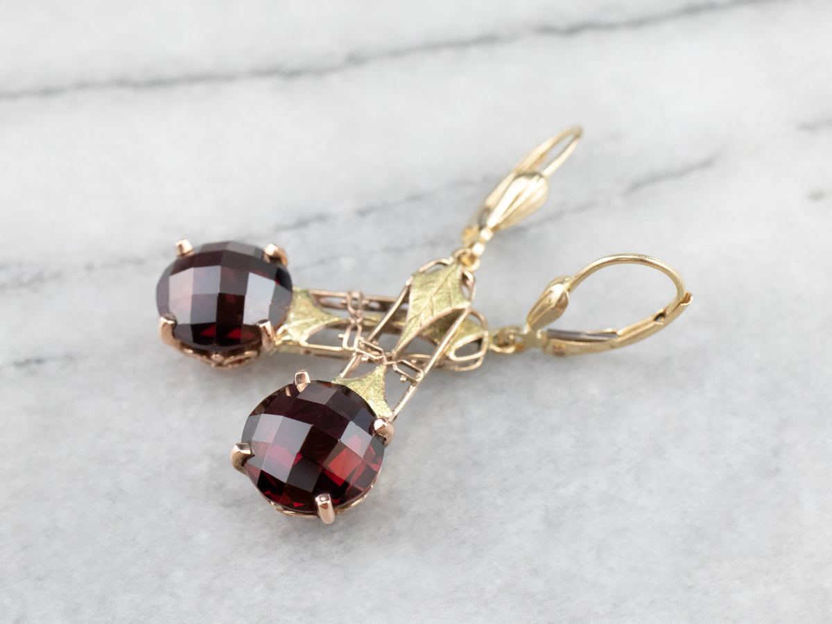 Garnet Gold Filigree Bar Drop Earrings