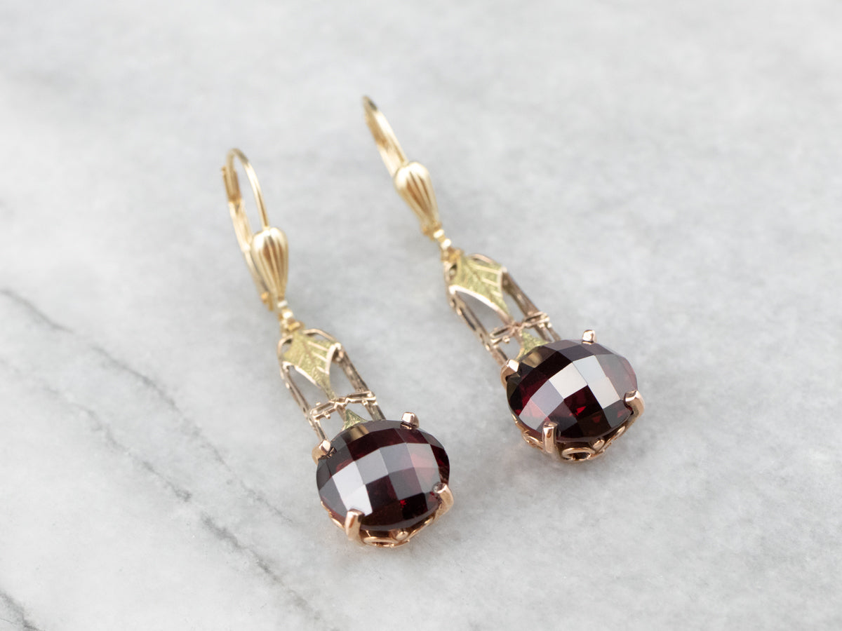 Garnet Gold Filigree Bar Drop Earrings