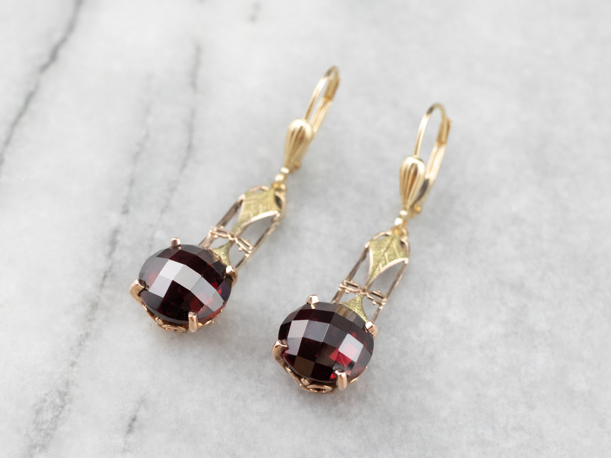 Garnet Gold Filigree Bar Drop Earrings
