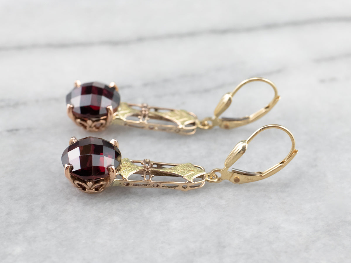 Garnet Gold Filigree Bar Drop Earrings