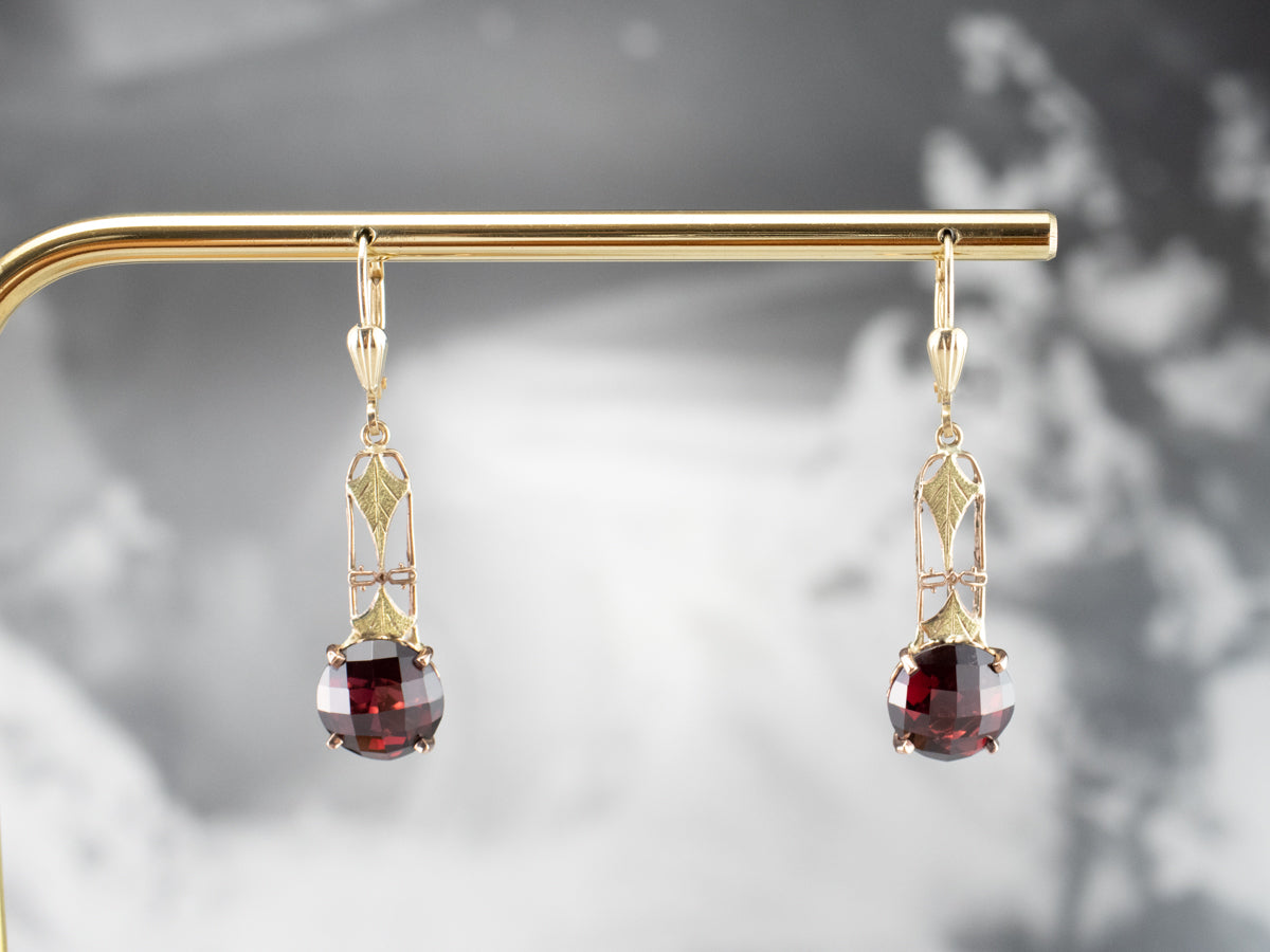 Garnet Gold Filigree Bar Drop Earrings